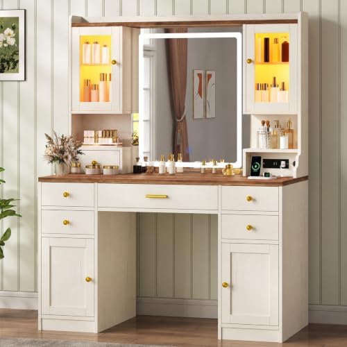 CSZZD Farmhouse Makeup Vanity Desk with Lighted Mirror and RGB Cabinets | Large Vanity Table with Type-C & USB Charging Station, Adjustable 3 Mode Lights Vanity Desk with 6 Drawers & Storage Shelves