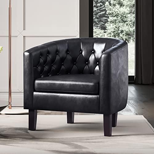 BELLEZE Black Accent Chairs for Living Room, Set of 2 Elegant Arm Chairs, Upholstered Tufted Barrel Chairs Club Chairs for Bedroom with Sturdy Legs and Faux Leather - Berlinda (Black)