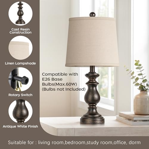 PARTPHONER Traditional Table Lamp Set of 2, Rustic Farmhouse Table Lamps for Living Room Bedroom, 22" Bedside Desk Lamps Vintage Nightstand Lamps with Linen Shades, Oil Rubbed Bronze
