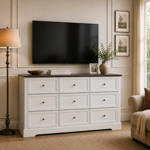 LOUVIXA Farmhouse Bedroom Sets of 3, Including 9 Drawer Dresser, Nightstand Set of 2 with Charging Station (Off White Sets)