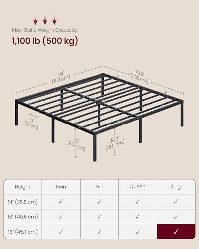 VASAGLE King Metal Bed Frame, 18 Inches Tall, 1100 lb Weight Capacity