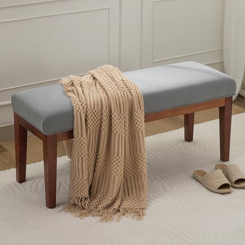 WUTUTUEE 43.5'' Linen Bedroom Bench, Upholstered End of Bed Bench, Padded Vintage Dining Bench, Entryway Bench with Solid Wood Legs, Kitchen, Living Room, Hallway, Light Grey