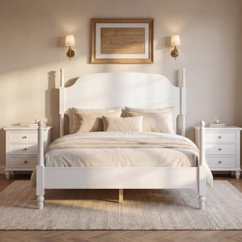 Christopher Knight Home Kane Wooden Queen Bed Frame with Headboard, Farmhouse Queen Size Bed Frame and Arched Headboard, 4-Poster Queen Bedframe with Slats Support, No Box Spring Needed, White