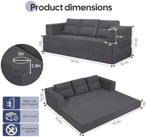 COMAX Futon Sofa Bed, Convertible Sofa Bed, Folding Boneless Couches