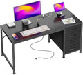 PRAISUN 47.2Inch Computer Office Desk with Power Outelts and USB-C Port, Reversible Gaming Desk with 4 Fabric Drawers, Work Study Desk Work from Home, Black