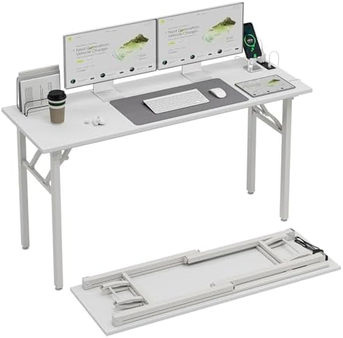 TEMI Long Computer Desk Folding Table - No Assembly, Compact 55.1" Foldable Desk with Power Outlets & USB Charging Port, Portable Lagre Office Desk, Ideal Large Study Table for Narrow Spaces,White Ash