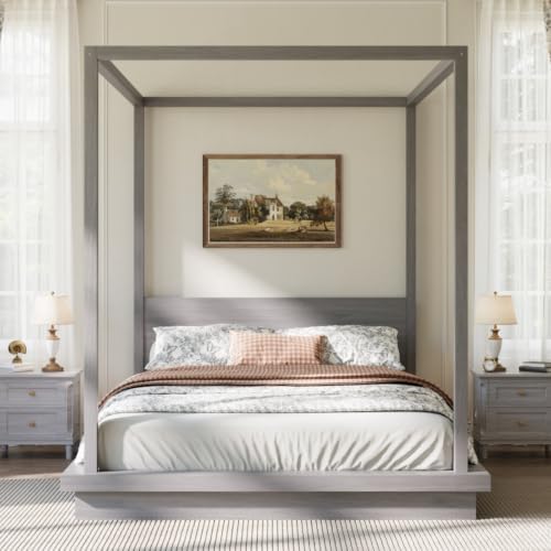 Queen Size Canopy Bed with Headboard (Gray)