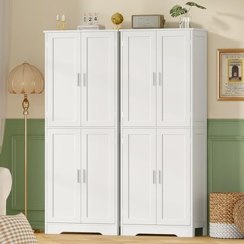 TEENFON 67” Storage Cabinet, Kitchen Pantry Cabinet with 4 Doors and 2 Adjustable Shelves, Cupboard, Tall Bathroom Cabinets for Dining Room, Living Room, White