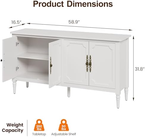 RoyalCraft Buffet Cabinet with Storage, 59" Vintage Sideboard with Adjustable Shelves, Mid Century Modern Painted Credenza Coffee Bar for Kitchen, Dining Room, Entryway, Living Room, Satin White