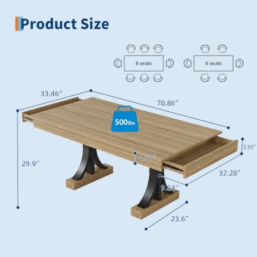 Garvee Farmhouse Dining Table for 6-8, 71-Inch Dining Table