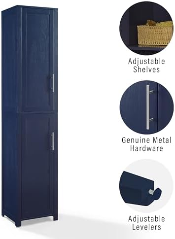 Crosley Furniture Savannah Linen Storage Cabinet, Laundry Room, Bathroom Organizer with Shelves, Navy