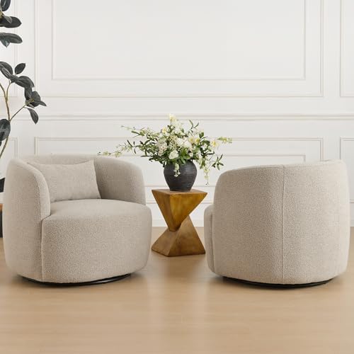 KINWELL 34" W Sherpa Swivel Barrel Chairs with Pillow Set of 2, Taupe Grey