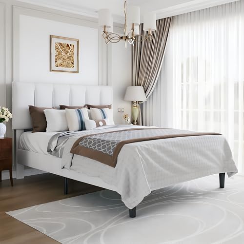 VECELO Queen Size Bed Frame with Upholstered Headboard, Pure White