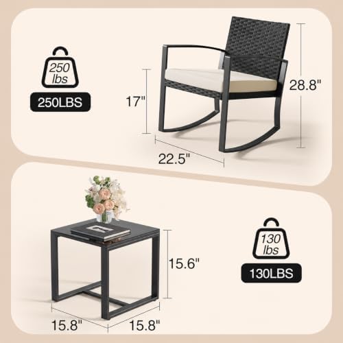 Qsun 3 Pieces Porch Furniture Set Patio Rocking Bistro Set Outdoor Patio Chairs Rattan Conversation Sets with Coffee Table for Front Porch Garden Balcony Backyard Poolside (Beige Cushion)