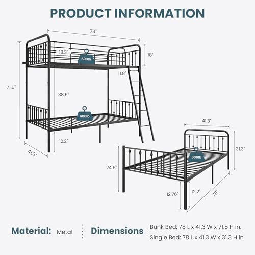 SHA CERLIN Convertible Twin Over Twin Bunk Bed,CPC Certified,Black