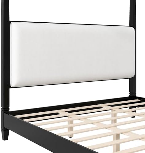 King Size Wood Canopy Bed Frame, Black Vintage Four-Posters Platform Bed