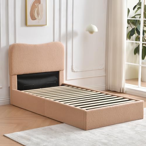 VELOCAVA Twin Size Lift-Up Storage Bed, Modern Upholstered Boucle Bed with Curved Headboard, Gas Lift Platform, Sturdy Wooden Slat Support, No Box Spring Needed, Easy Assembly, Blush Pink-Beige