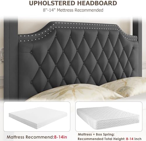 IDEALHOUSE Full Size Canopy Bed Frame with Nailhead Decoration Headboard