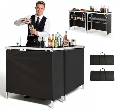 VEVOR Folding Portable Bar Table, 2 pcs, 38.6 x 15.2 x 34.3 in, with Carry Bag, Storage Shelf, Detachable Skirt, Quick and Easy Setup, Foldable Mobile Bartending Station for Events, Party, Tradeshow
