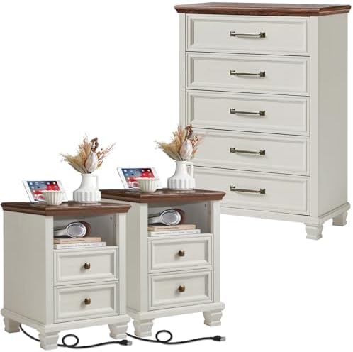 SAVOR LIFE Farmhouse Dresser and Nightstand Sets 3 Piece, White