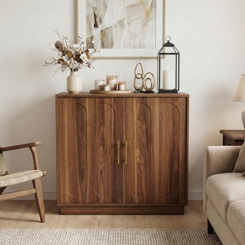 holzart 31.5" Modern Farmhouse Storage Cabinet, Rustic Brown 2 Door Sideboard Buffet with Gold Handles, Fluted Wood Accent Credenza for Entryway, Living Room, Coffee Bar, Home Office