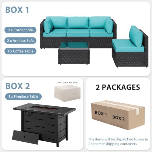 Shintenchi 6 Piece Outdoor Patio Furniture Set with 43 Inch Propane Fire Pit, Washable Cushions, Glass Coffee Table, Waterproof Cover & CSA Certified for Backyard Poolside, Black PE Rattan/Blue