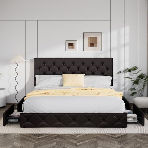 Allewie King Size Storage Bed Frame with 4 Underbed Drawers, Upholstered Platform Bed with Adjustable Headboard, Diamond Button Tufted, Easy Assembly, Noise-Free, No Box Spring Needed, Brown