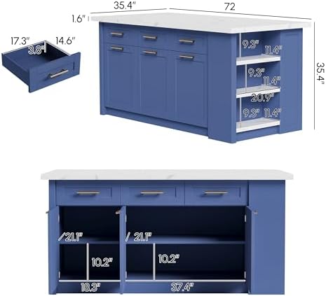 homary 72" Blue Kitchen Island with Storage, Engineered Wood Top, Modern Kitchen Table for Dining Room