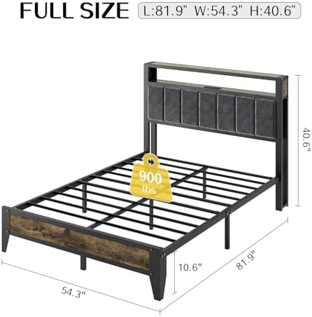 OLEVS Full Size Bed Frame with Headboard, LED Light & Charging Station