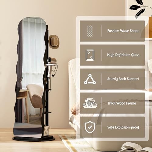 Vlsrka 360° Swivel Jewelry Armoire with Full Length Wave Mirror, Black | Lockable Mirror Jewelry Cabinet Standing, Interior LED Makeup Mirror, Foldable Shelf, Large Capacity, Gift for Women, Girls