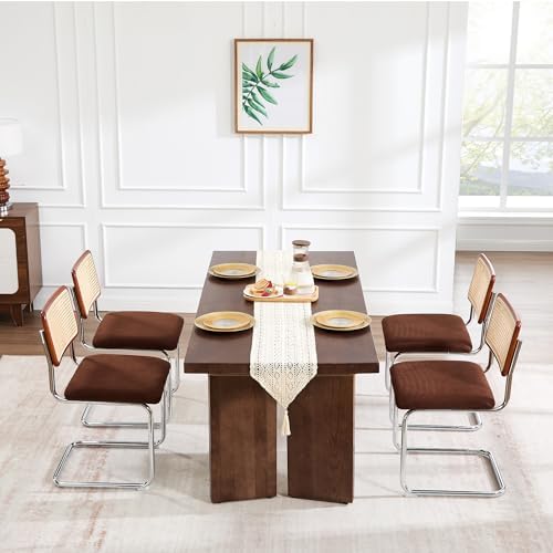 Zesthouse Rattan Dining Chairs Set of 6, Mid Century Modern Dining Room Chairs with Natural Cane Mesh & Chrome Base, Brown Cesca Chair Chenille Fabric, Farmhouse Kitchen Chair with Solid Wood Back