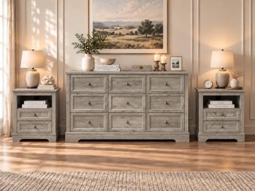 LOUVIXA Farmhouse Bedroom Sets of 3, Including 9 Drawer Dresser, Nightstand Set of 2 with Charging Station (Grey Sets)