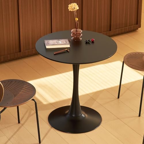 Round Dining Table, 27" Circle Tulip Table with Thickened Tabletop & Metal Pedestal, Mid Century Modern Bistro Table for Kitchen, Small Places, Living Room, Cafe (Black)
