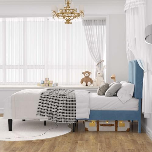 VECELO Twin Size Bed Frame with Upholstered Headboard, Velvet Platform Bedframe Mattress Foundation, Strong Wood Slat Support, No Box Spring Needed,Sky Blue