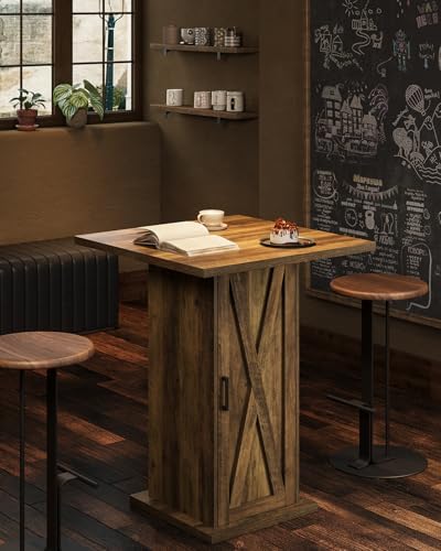 LITTLE TREE Bar Table with Storage Cabinet, 39.4" H Square High Top Pub Table, Wood Bistro Cocktail Table, Farmhouse Design with 3-Tier Cabinet for Pub, Bistro, Bar, Coffee, Dining Rustic Brown
