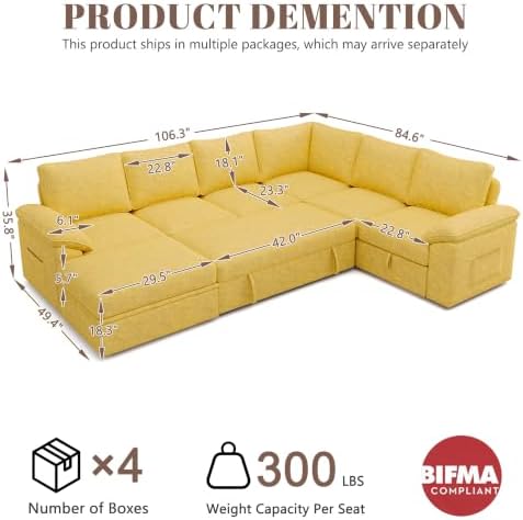 106'' Modular Sectional Sofa with Pull Out Bed, Sleeper Sofa, Yellow