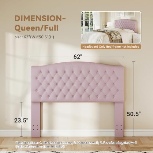 Befurtori Queen Headboard Only, Velvet Classic Tufted Design, Pink