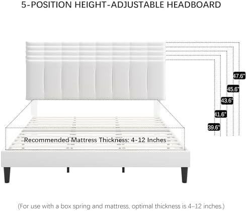 VECELO King Size Bed Frame with Upholstered Headboard, White