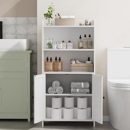 Homhedy Small Bathroom Storage Cabinet, Toilet Paper Storage Cabinet | Bathroom Floor Cabinet with Doors and Shelves, Bathroom Organizers for Small Spaces, 9.8" D x 19.7" W x 39.9" H, White