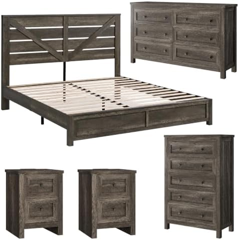 AMERLIFE 5-Piece Farmhouse Bedroom Set, Queen Bed Frame & Dresser, Grey