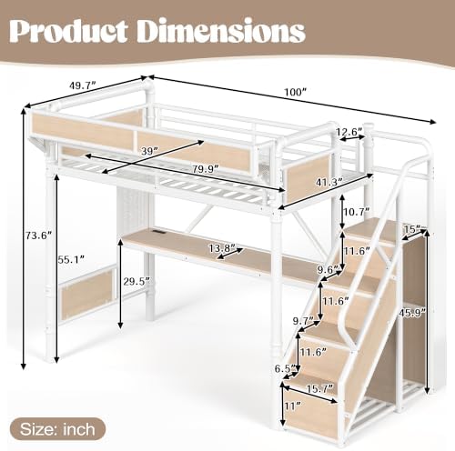 KEIKI Twin XL Size Metal Loft Bed Frame with Storage Staircase, Desk, White