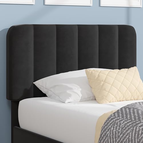 VECELO Twin Size Bed Frame with Upholstered Headboard, Velvet Platform Bedframe Mattress Foundation, Strong Wood Slat Support, No Box Spring Needed,Black