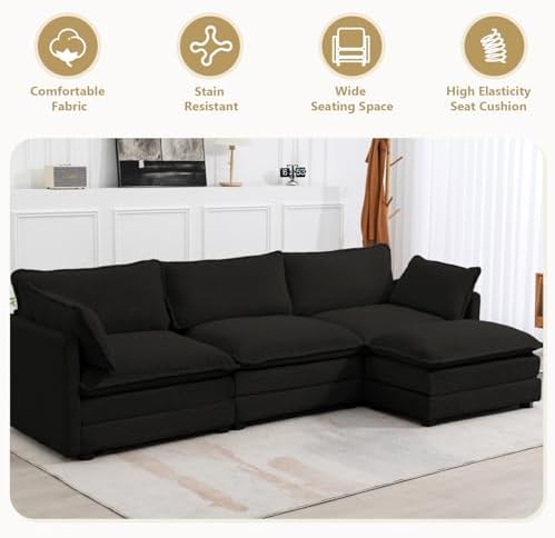 ROWHY 112'' Modular Sectional Cloud Couch with Movable Ottoman, 4 Seat Modern Corduroy Sofa, Deep Seat L Shaped Couch for Living Room Bedroom Apartment,Black