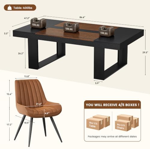 Miereirl 7-Piece Modern Farmhouse Dining Table Set, 86.6" x 47.2" Sturdy Stable Dining Table with 6 Chairs, Rectangular Kitchen Table Set for 6,(Black & Walnut Table+6 Brown Chairs)