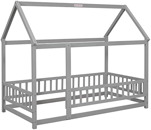 PVWIIK Twin Size Montessori Floor Bed with Roof & Fence Guardrails for Boys Girls Bedroom,Twin Size Floor Wooden Bed Frame,Easy Assemble,No Box Spring Needed, Gray