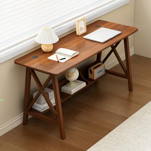 NELYE Extra Long Writing Desk with Bookshelf, 47" Wx16 Dx30 H, Walnut