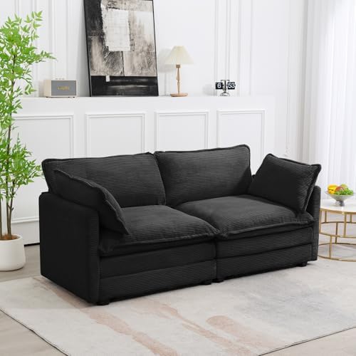 ROWHY 78'' Sectional 2 Seat Cloud Loveseat with 2 Throw Pillows, Modern Corduroy Love Seat, Cozy Sofa for Living Room, Office and Bedroom,Black