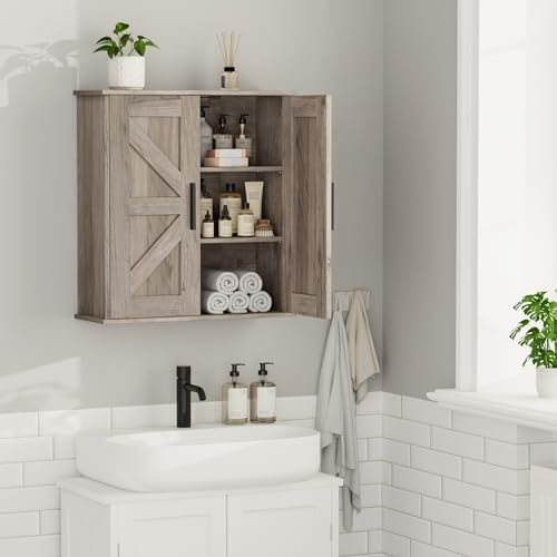 Homleke Bathroom Wall Cabinet, Medicine Cabinet with Adjustable Shelves | 3-Tier Wall Mounted Over Toilet Storage with Barn Doors, for Bathroom, Kitchen, Entryway, Laundry Room, Greige, (7.9" D)