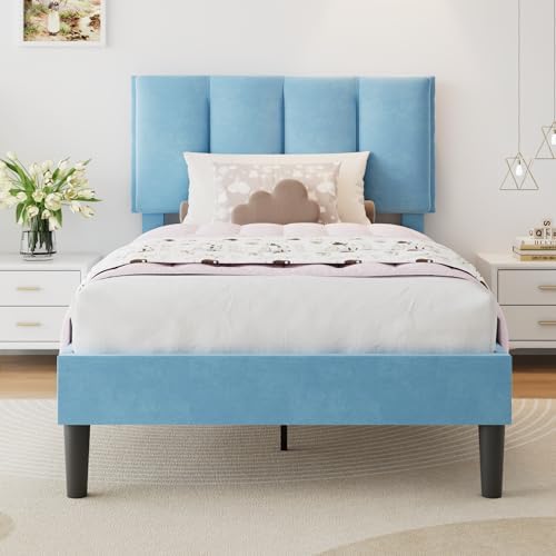 VECELO Twin Size Bed Frame with Upholstered Headboard, Light Blue