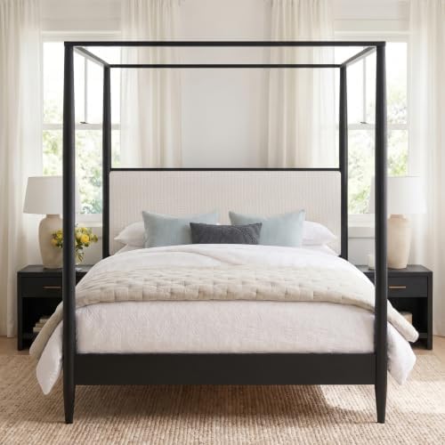 Merax King 4-Poster Wood Canopy Bed with Boucle Headboard, Black